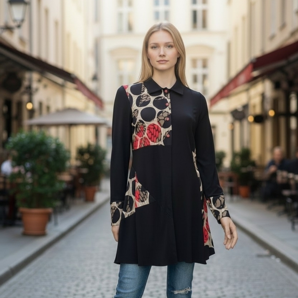 Michael Tyler Women’s Black Artistic Tunic Dress Geometric Print Red Accent